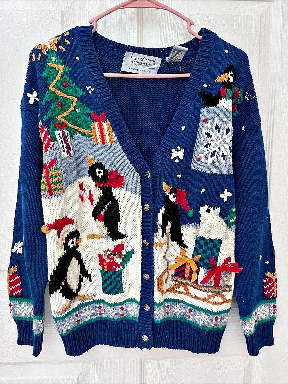 Signature Holiday Christmas Penguin Polar Bear Cardigan in Blue